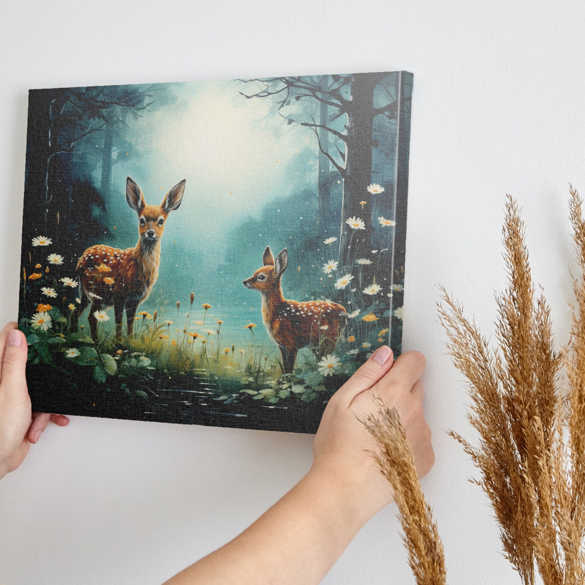 Framed canvas print of two fawns amidst a mystical forest with blooming daisies