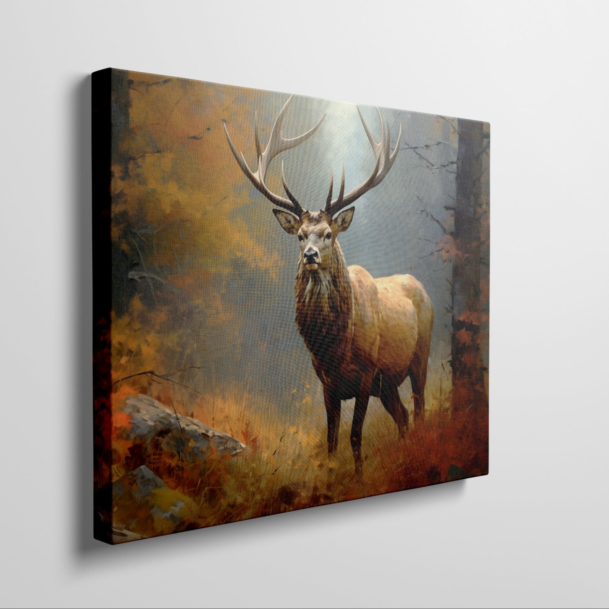 Framed canvas print of a majestic stag standing in an autumn forest with vibrant foliage