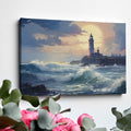 Framed canvas print of a lighthouse by the sea at sunset with crashing waves