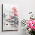 Framed canvas print of traditional Oriental landscape with misty mountains, a serene lake, and red foliage