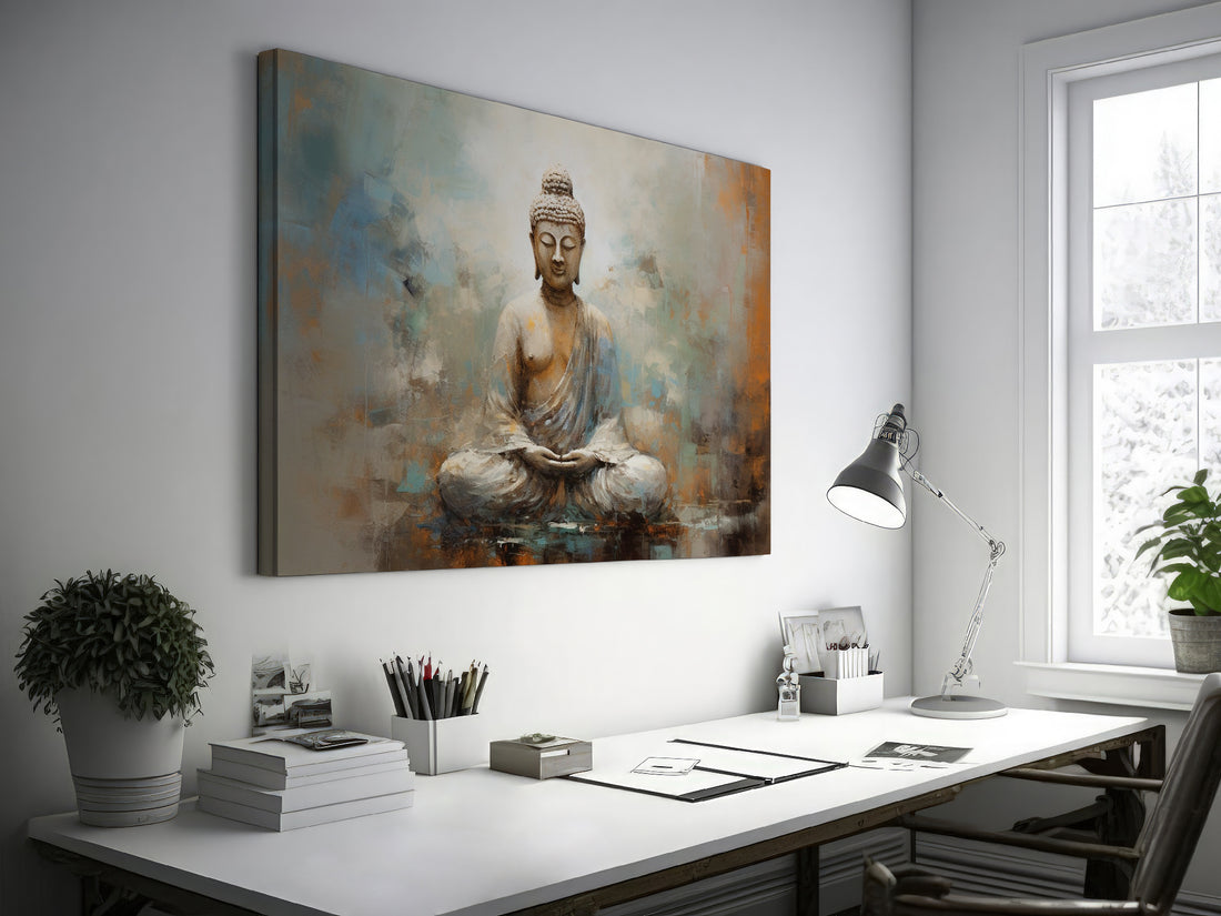 Framed canvas print of a meditative Buddha in earthy and serene tones