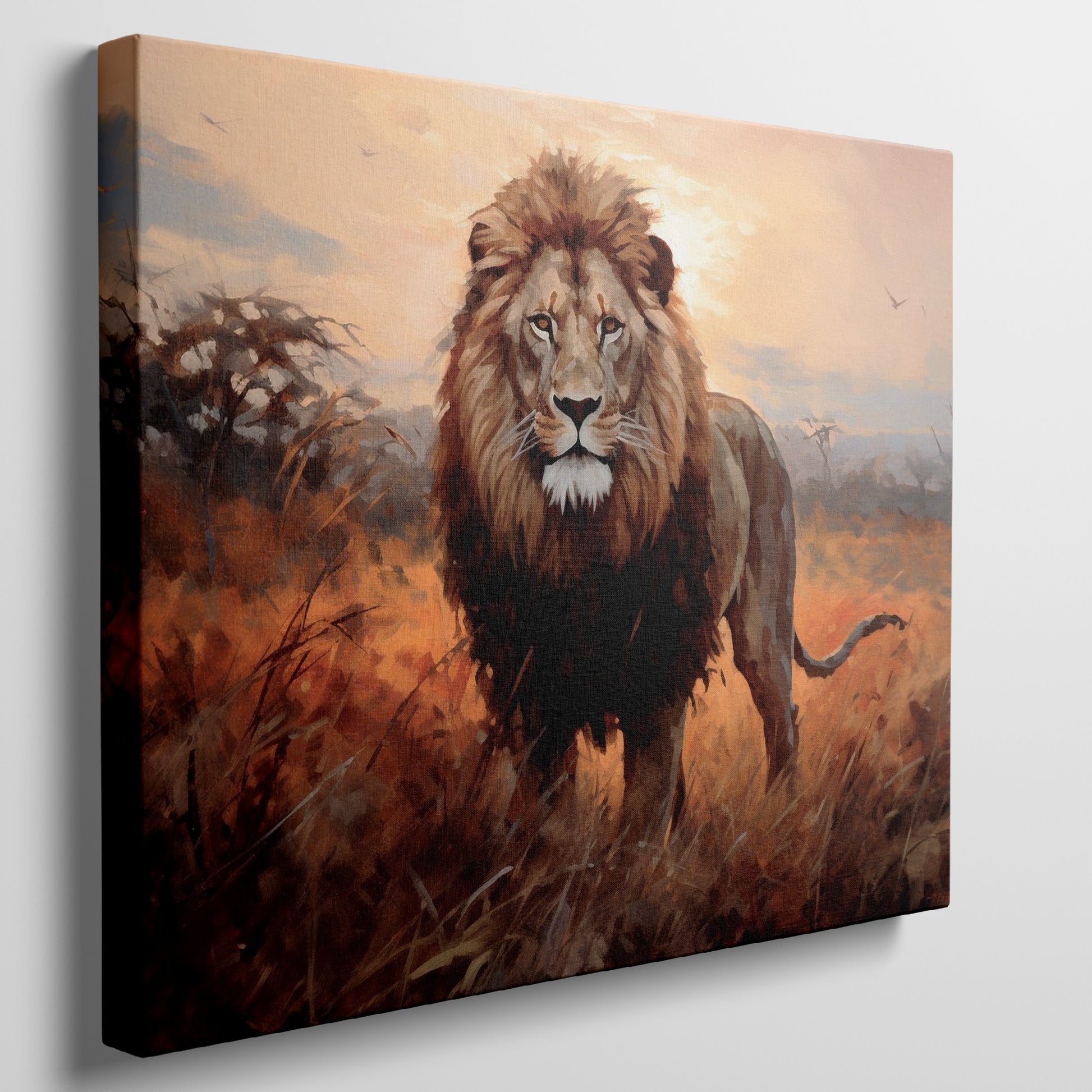 Framed canvas print of a majestic lion against a sunset on the savannah