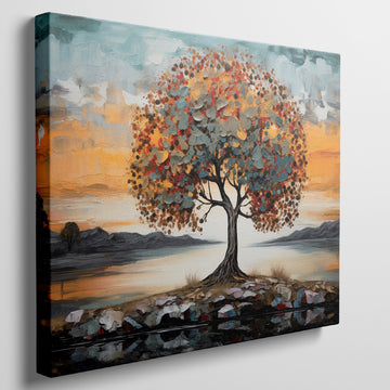 Textured canvas art of a tree with autumn leaves and a serene sunset in the background