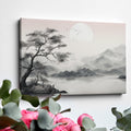 Framed canvas print of a monochrome Oriental ink wash landscape with misty mountains and a tree silhouette