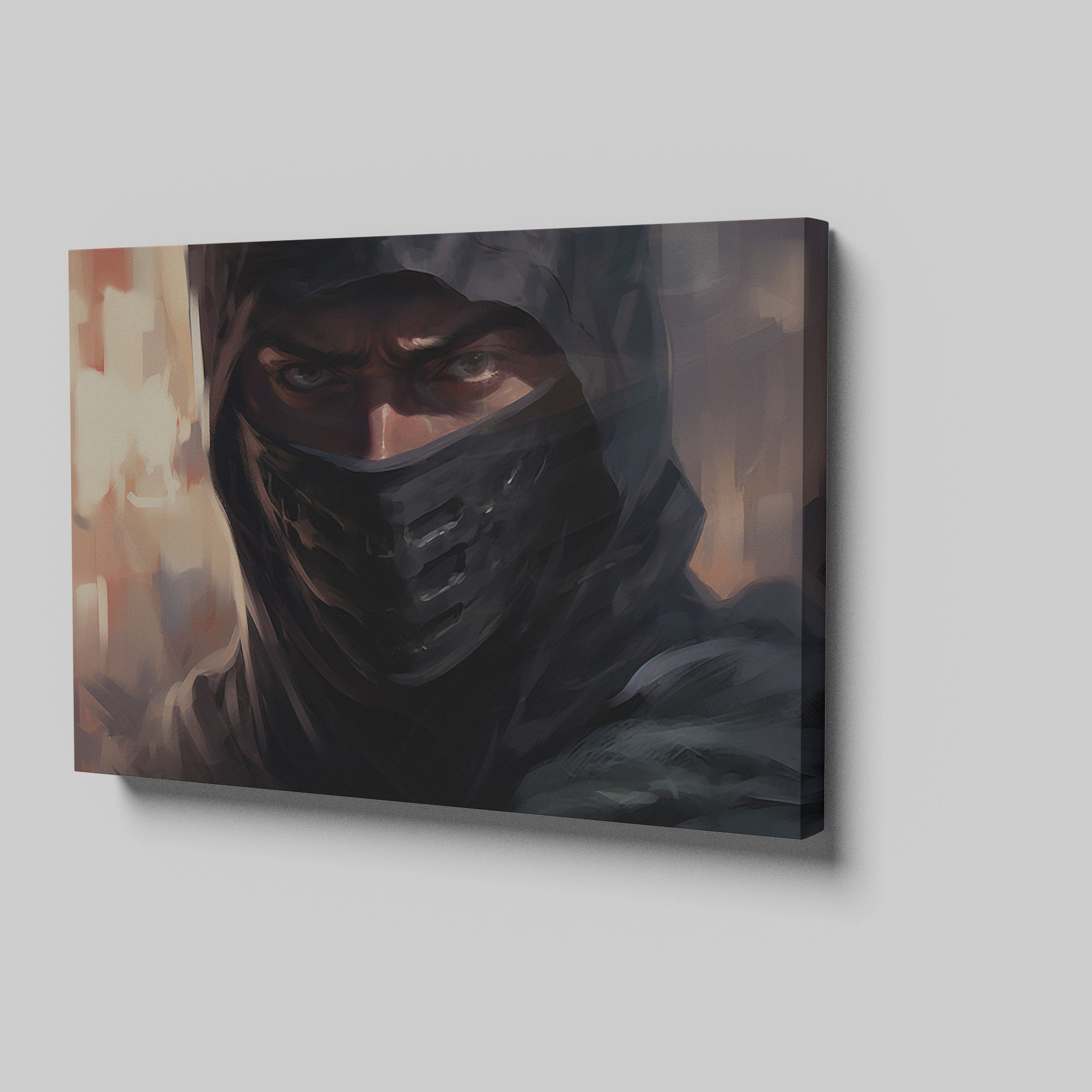 Framed canvas print of a mystic ninja warrior with an intense gaze and a shrouded dark veil.