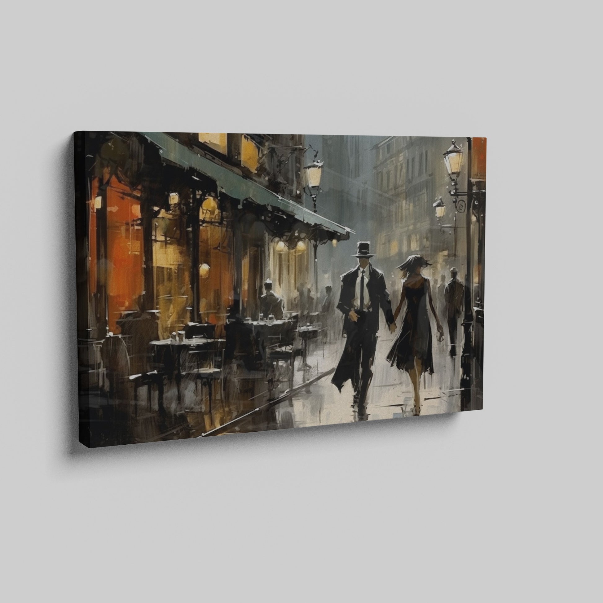 Framed canvas print of a romantic couple on a rainy evening stroll in a vintage style cityscape