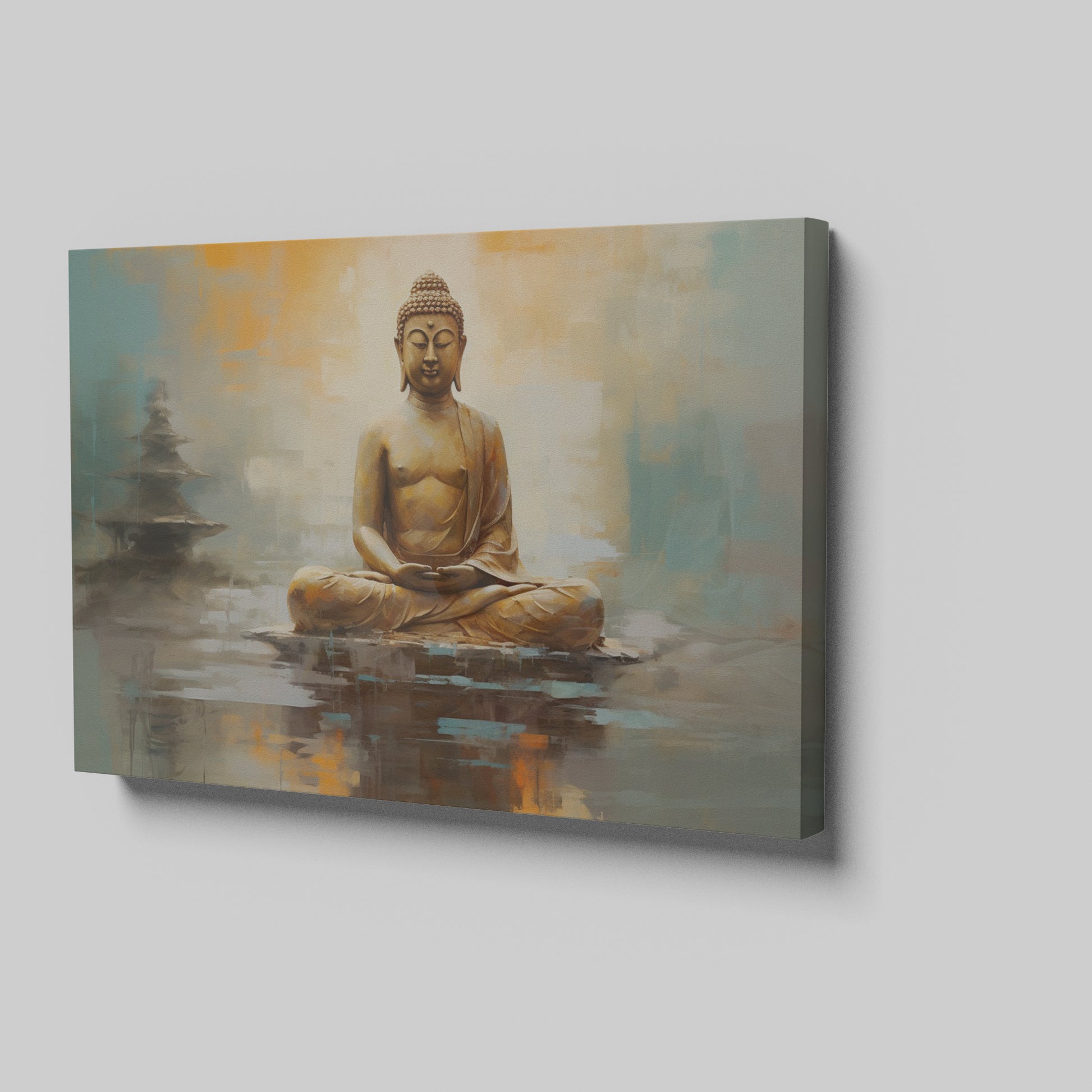 Framed canvas print of a serene Buddha in meditation with warm orange and soft blue abstract background