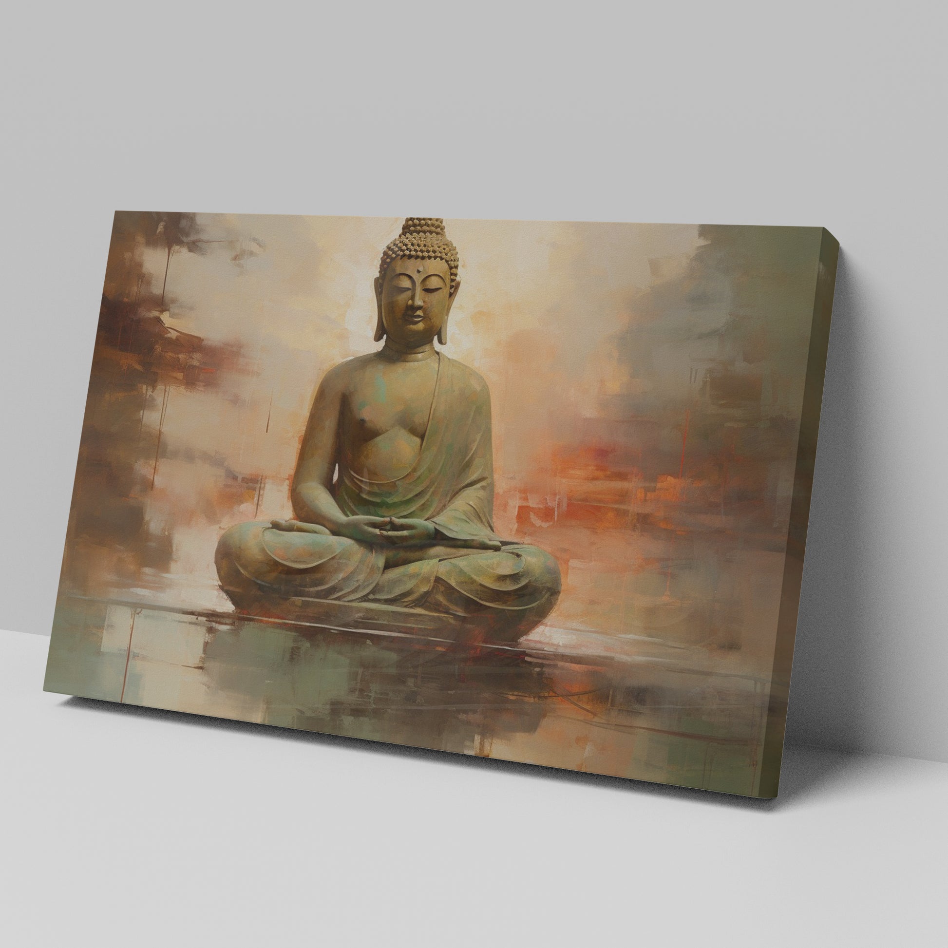 Framed canvas print of a serene Buddha in meditation with abstract background