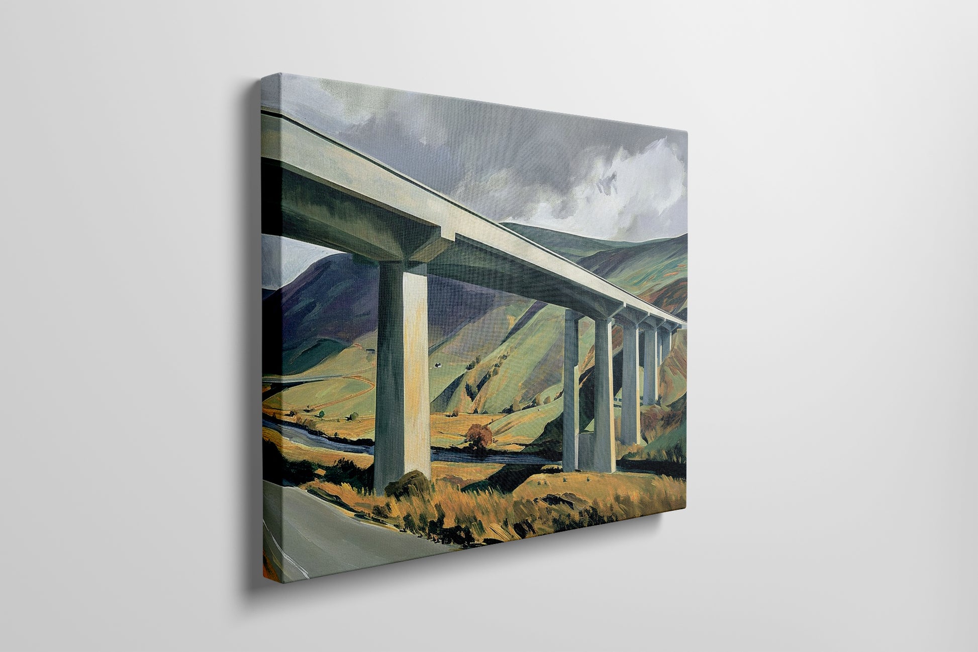 Framed canvas print of a modern landscape with a bridge over rural countryside