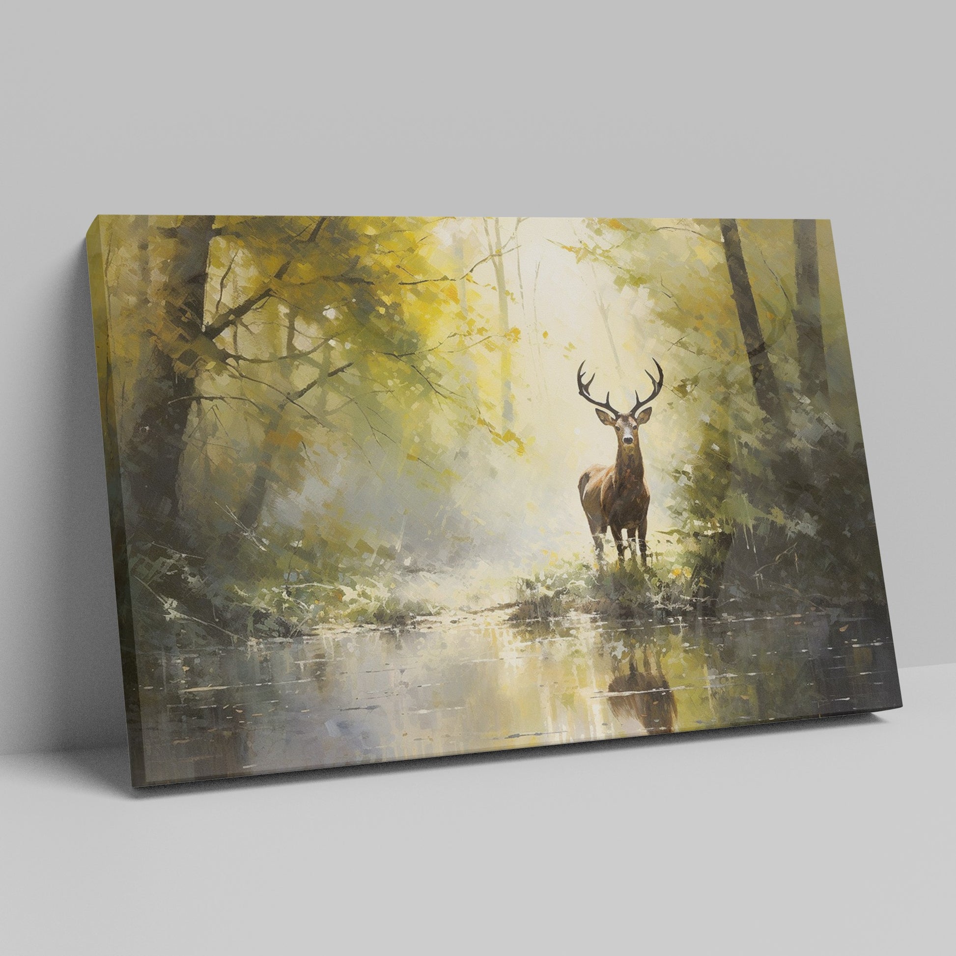 Impressionist painting of a stag by a water body amidst a yellow and brown autumn forest.