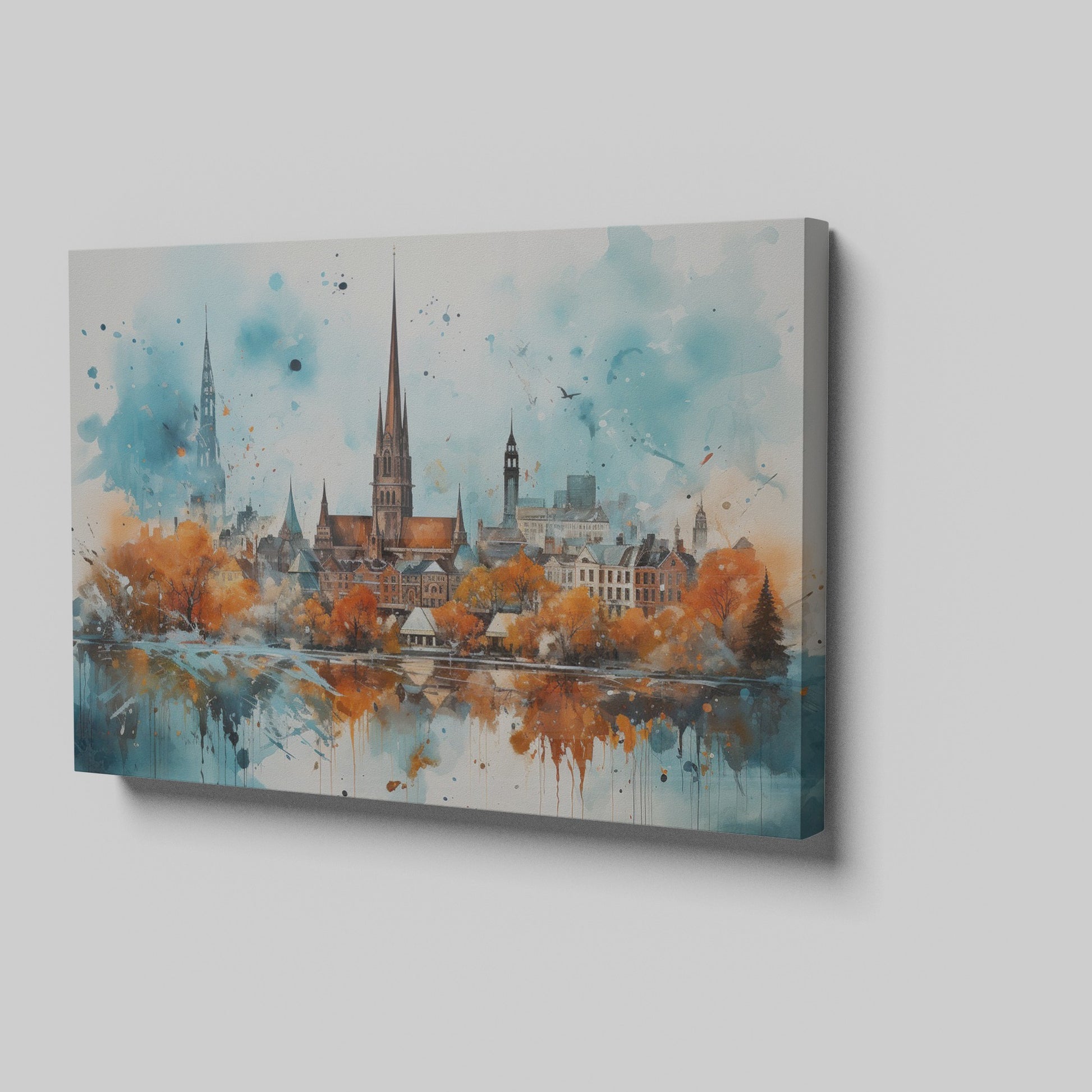 Framed canvas print of impressionist watercolor cityscape with autumn colors and urban reflection