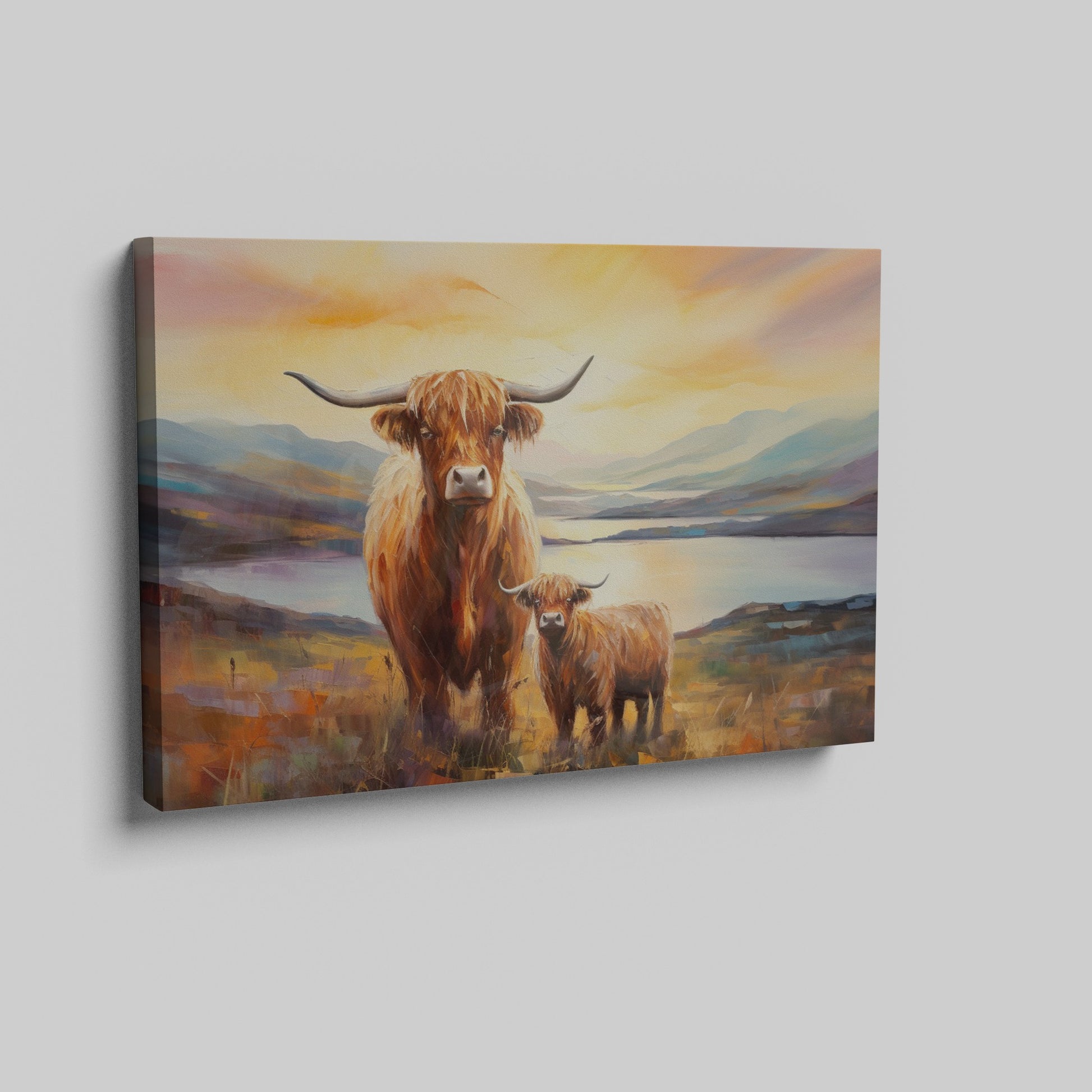 Framed canvas print of Highland cattle in a scenic landscape at sunset with warm hues