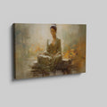 Framed canvas print of a meditative woman in peaceful surroundings with warm, autumnal colors