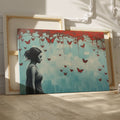 Framed canvas print of a female silhouette with red butterflies against an urban backdrop