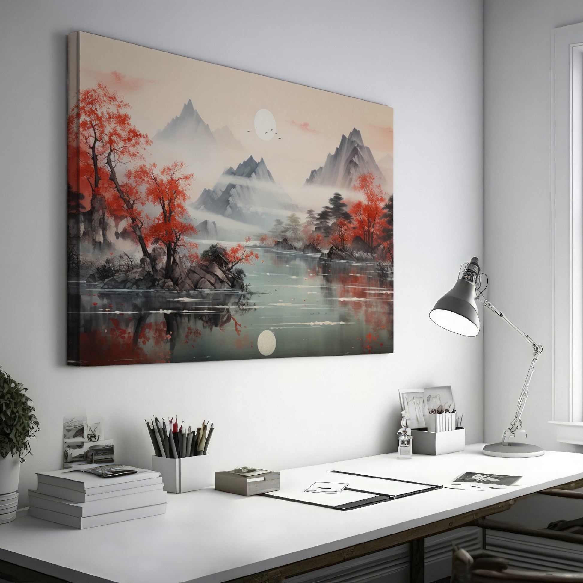 Framed canvas print of Oriental landscape with red autumn leaves and mountain reflections