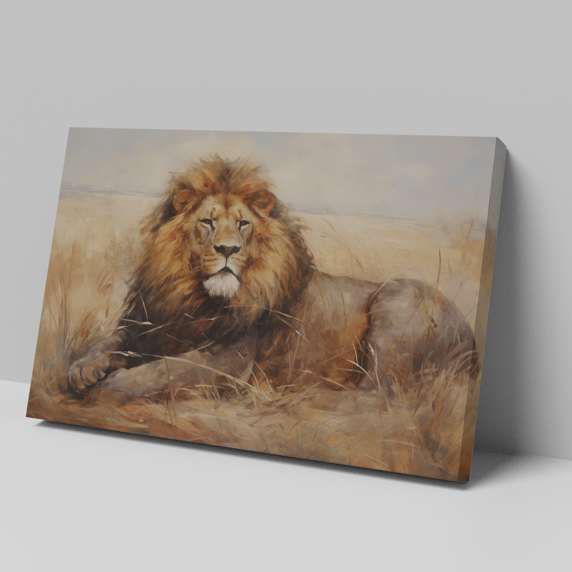 Framed canvas print of a realistic lion resting in the golden savannah