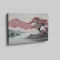 Framed canvas print of a serene mountain landscape with blooming pink sakura trees and tranquil lake