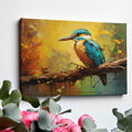 Framed canvas print of a vibrant, colourful impressionistic kingfisher perched on a branch