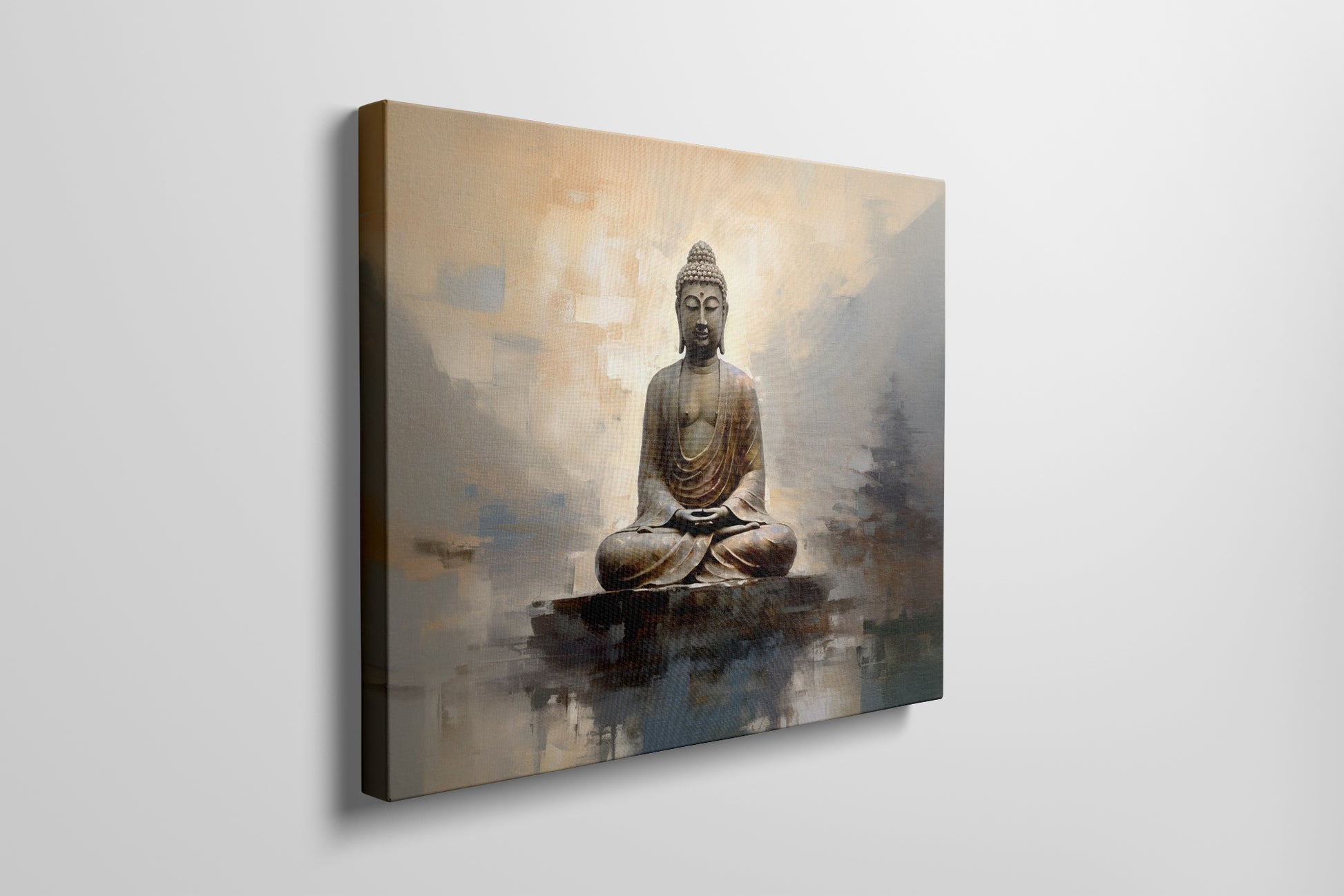 Framed canvas print of a golden Buddha statue with an abstract background