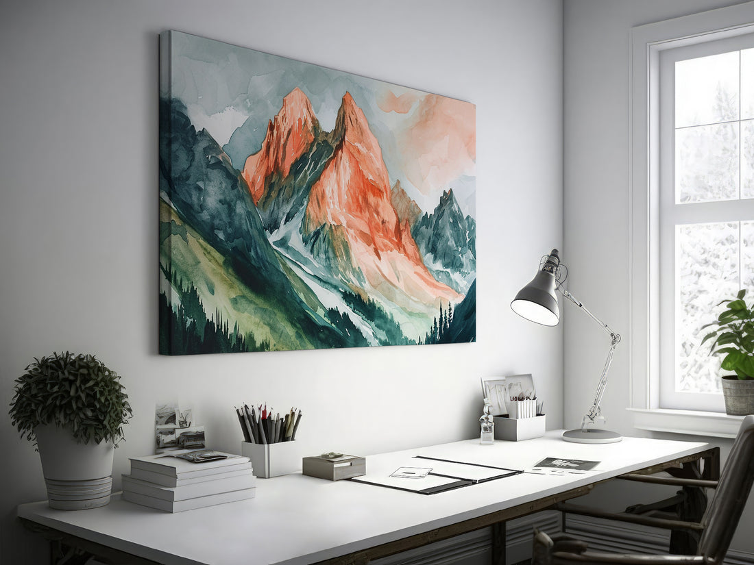 Framed canvas print of a watercolour mountain landscape with sunset hues