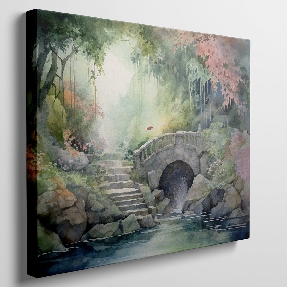 Framed canvas print of a tranquil watercolour garden with a stone bridge and flowing stream surrounded by colourful foliage