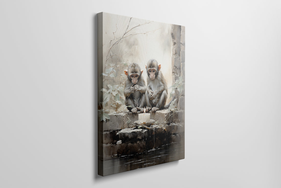 Framed canvas print of two monkeys contemplating over a birthday cake on a rustic backdrop