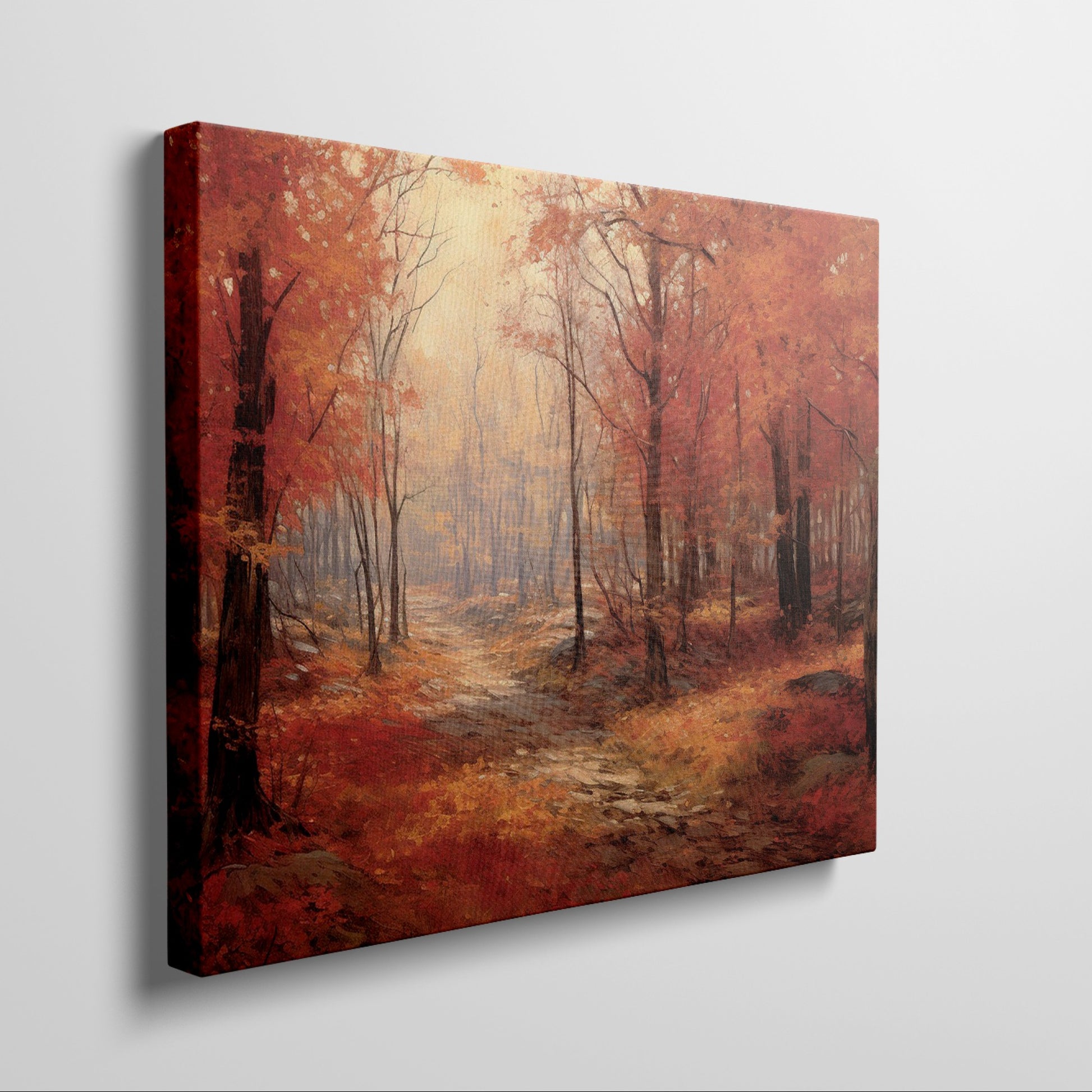 Framed canvas print of an impressionist autumn forest with vibrant red and orange leaves and a misty pathway