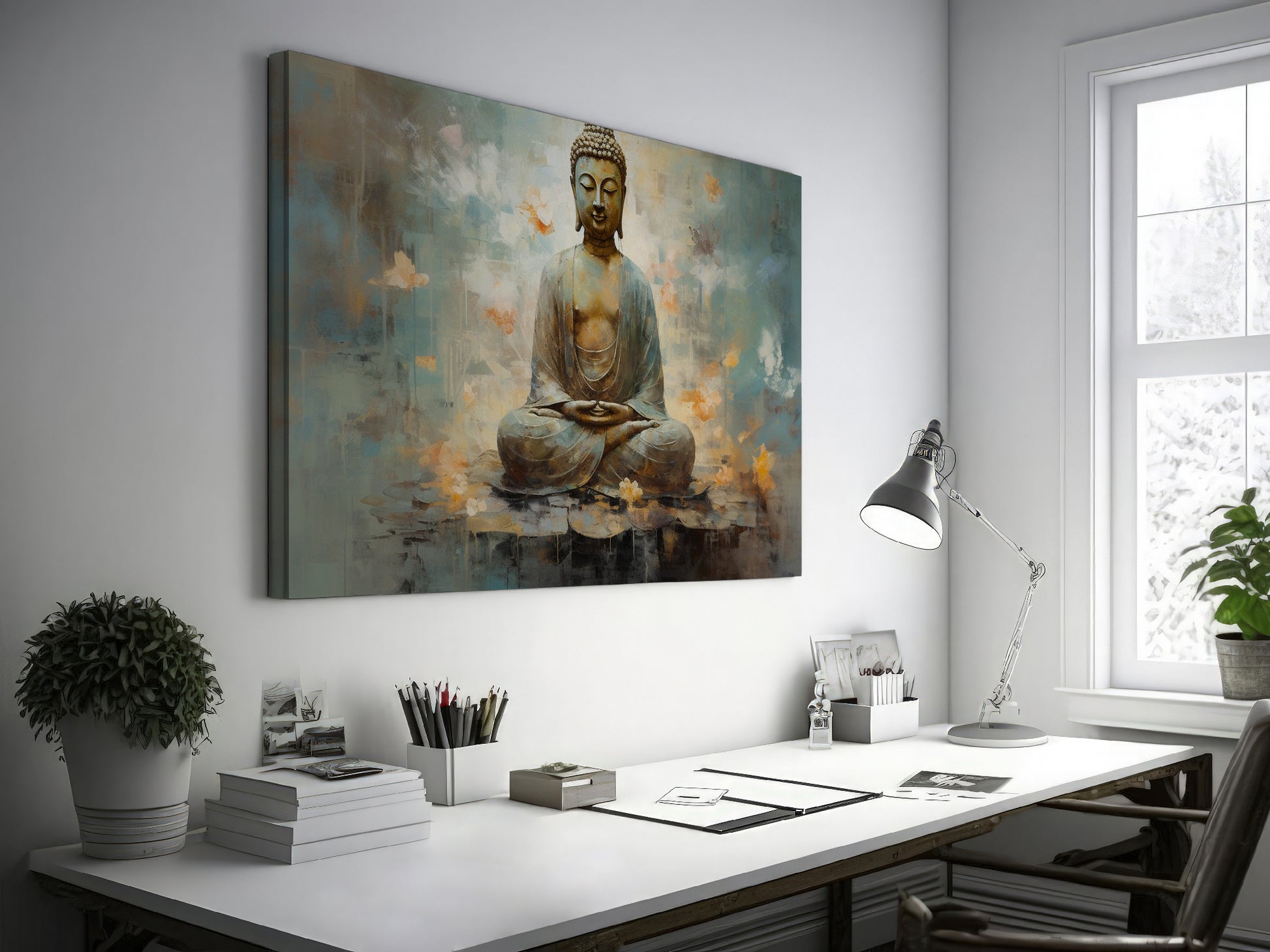 Framed canvas print of serene Buddha in meditation with abstract blue and orange background