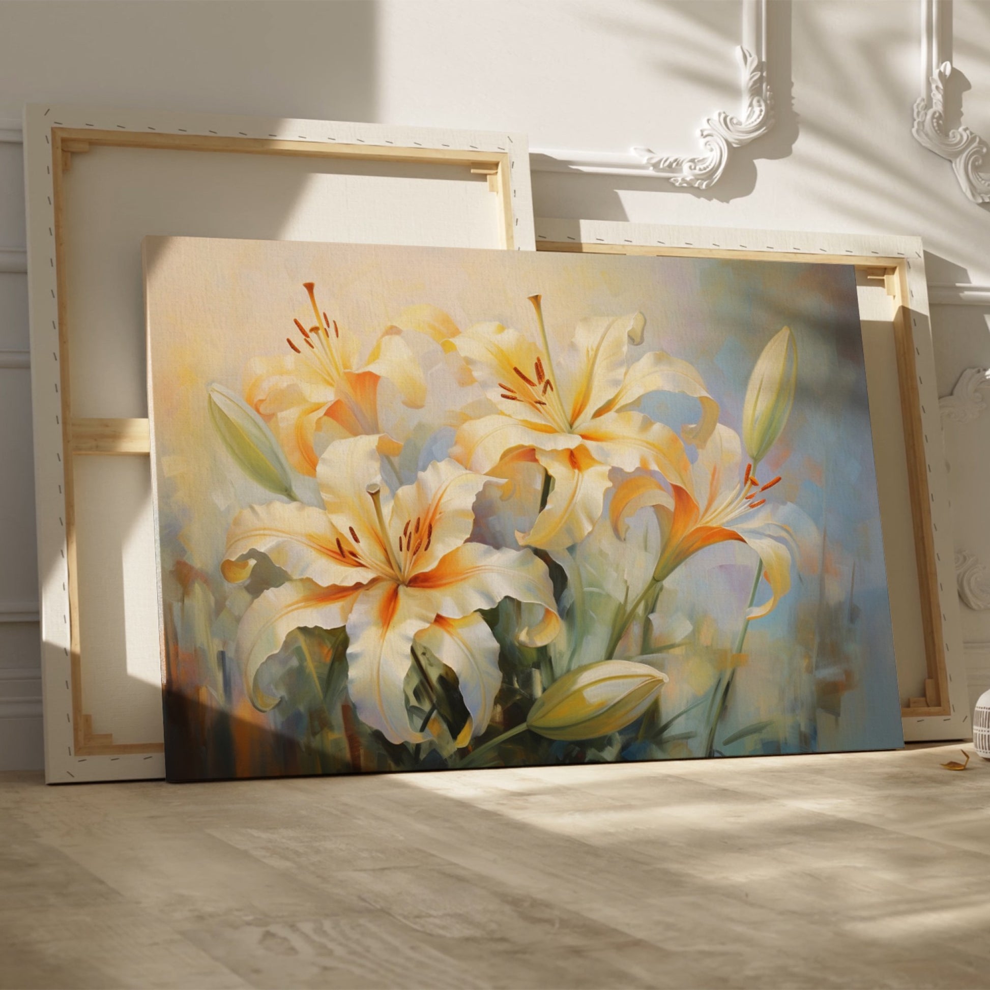 Framed canvas print of impressionist style lilies with soft pastel hues