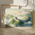 Framed canvas print of the Great Wall of China amidst a misty, mountainous landscape