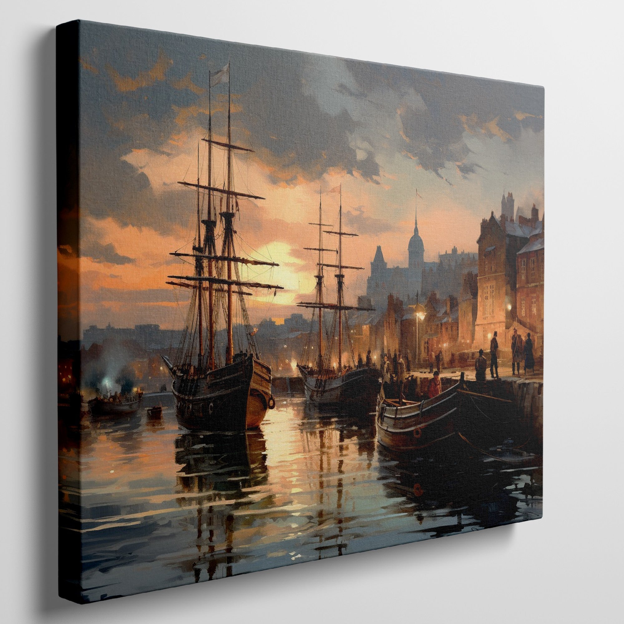 Framed canvas print of a historical port with sailing ships at sunset, featuring warm golden hues and reflective water