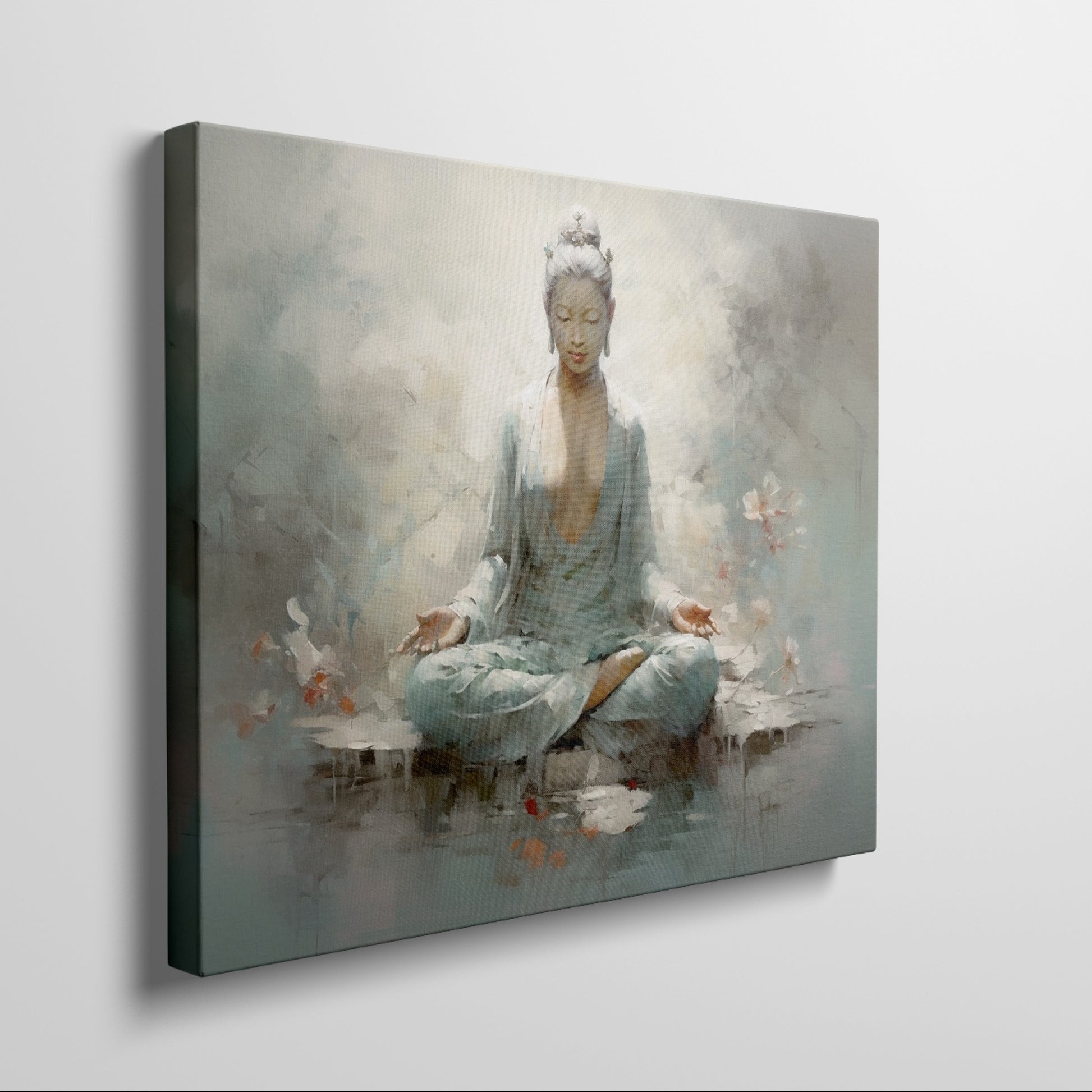 Framed canvas print of a meditative figure in serene surroundings with pastel colours