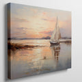 Impressionistic painting of a sailboat on calm waters at sunset with vibrant orange and yellow tones reflecting on the water.