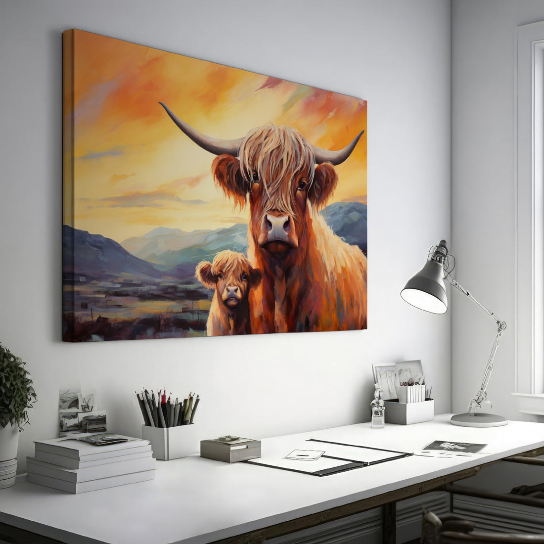 Framed canvas print of Highland cattle with calf at sunset, warm tones and mountain backdrop