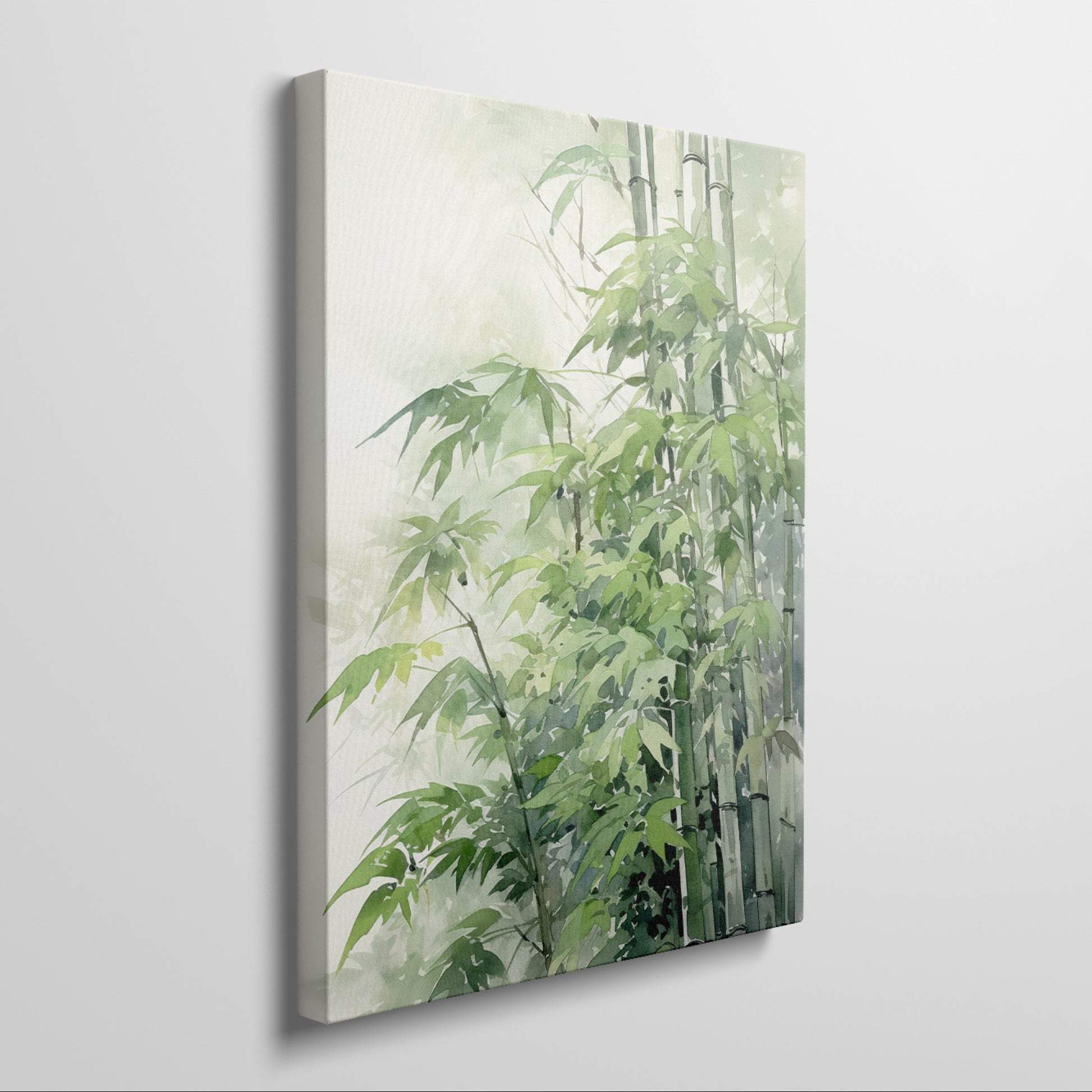 Framed canvas print of a tranquil watercolour depiction of bamboo surrounded by soft green hues