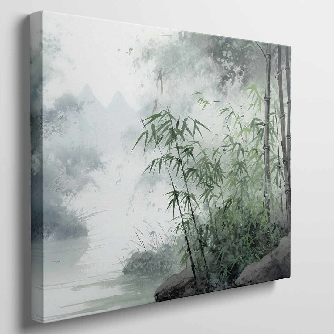 Framed canvas print of misty bamboo forest with mountains in traditional Oriental style