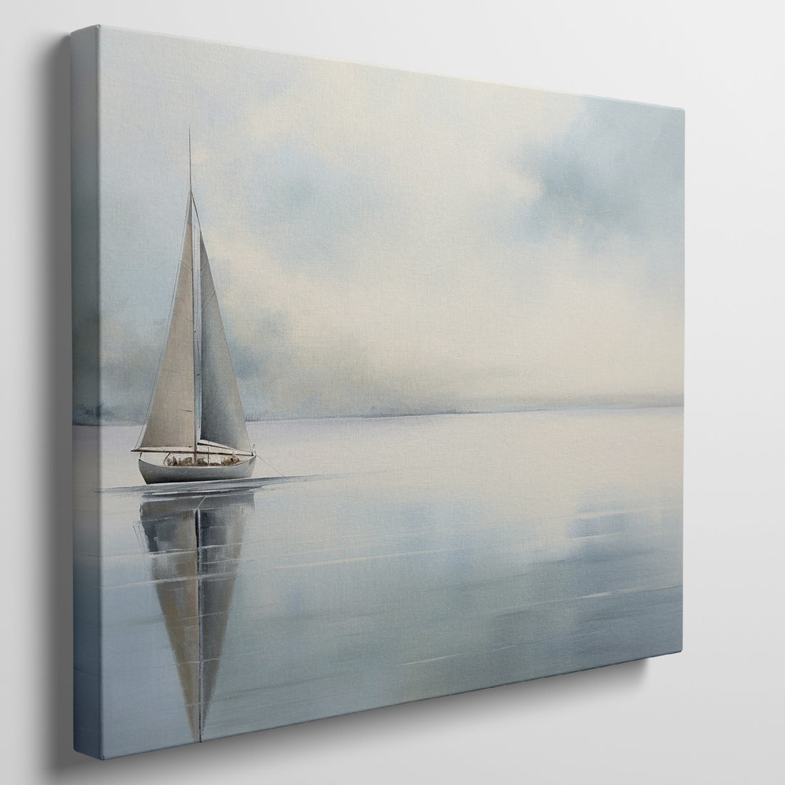 Framed canvas print of a serene sailboat with reflection on tranquil blue water