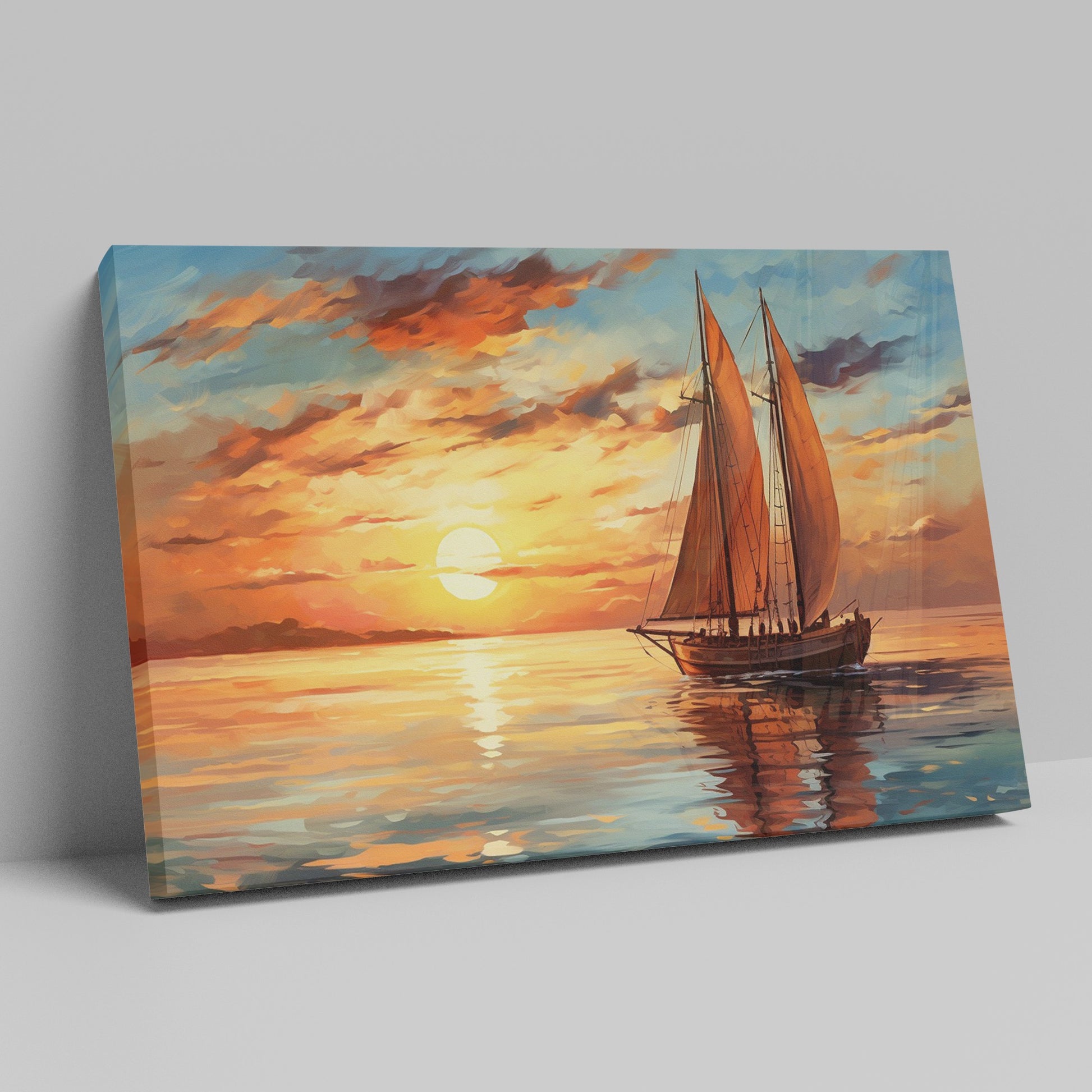 Impressionistic canvas painting of a sailboat at sunset with vivid orange sky and calm sea reflections