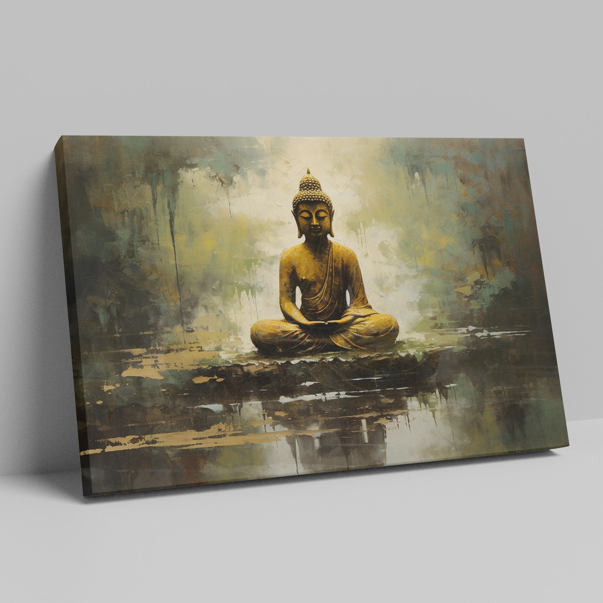 Framed canvas print of a serene and textured Golden Buddha on an abstract background