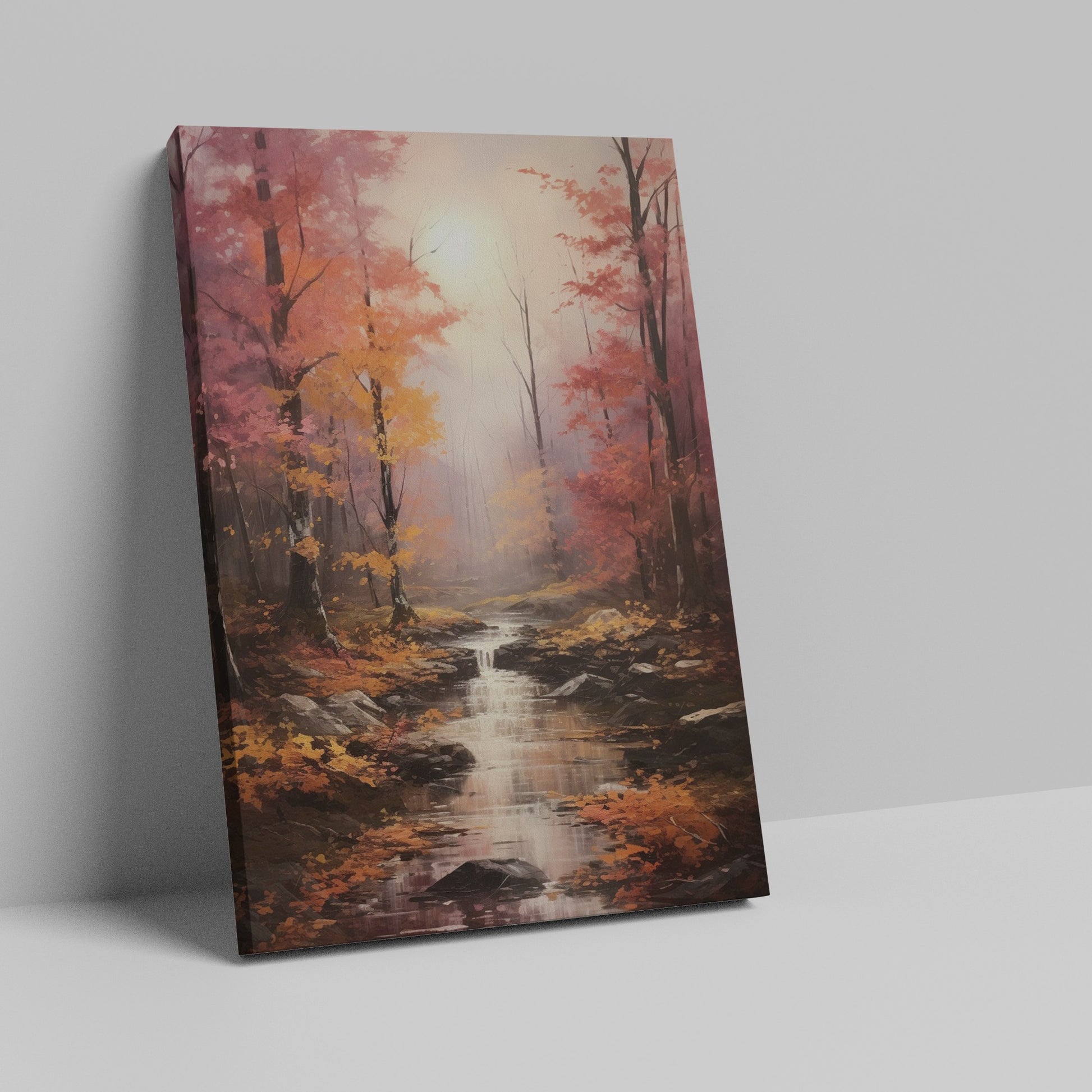 Framed canvas print of an autumn forest with a waterfall and misty atmosphere