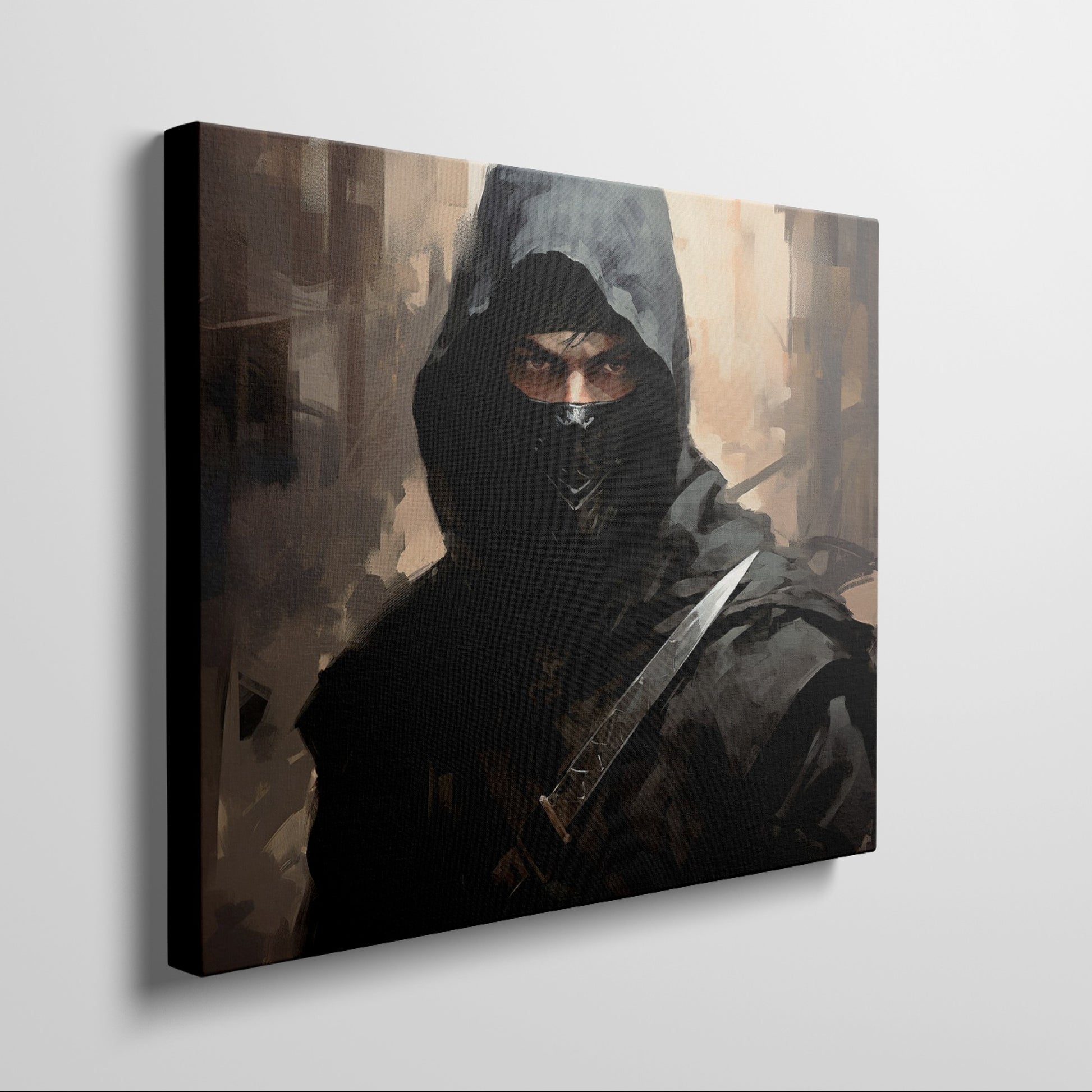 Framed canvas print of a dark and mysterious ninja warrior with intense gaze and sword