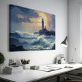 Framed canvas print of a lighthouse by the sea at sunset with crashing waves