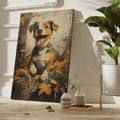 Framed canvas print of a cheerful dog surrounded by autumn leaves in a woodland setting