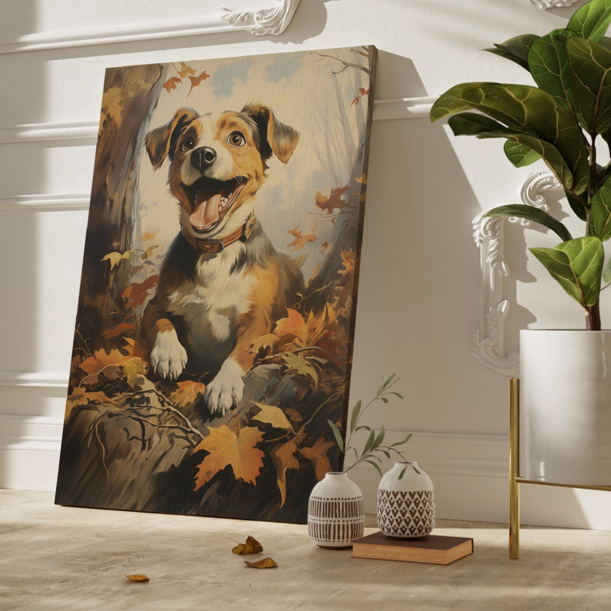 Framed canvas print of a cheerful dog surrounded by autumn leaves in a woodland setting