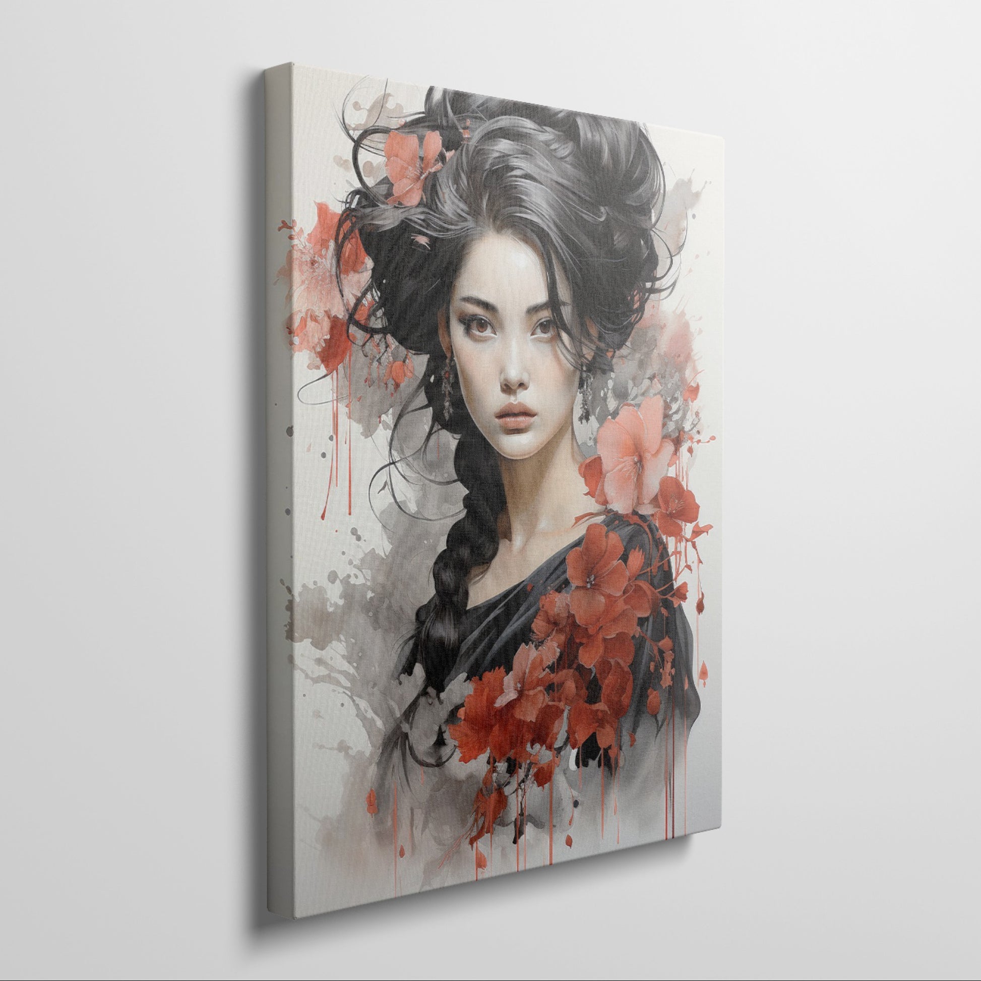 Framed canvas print of a stylised portrait of a woman with red poppies and monochrome elements