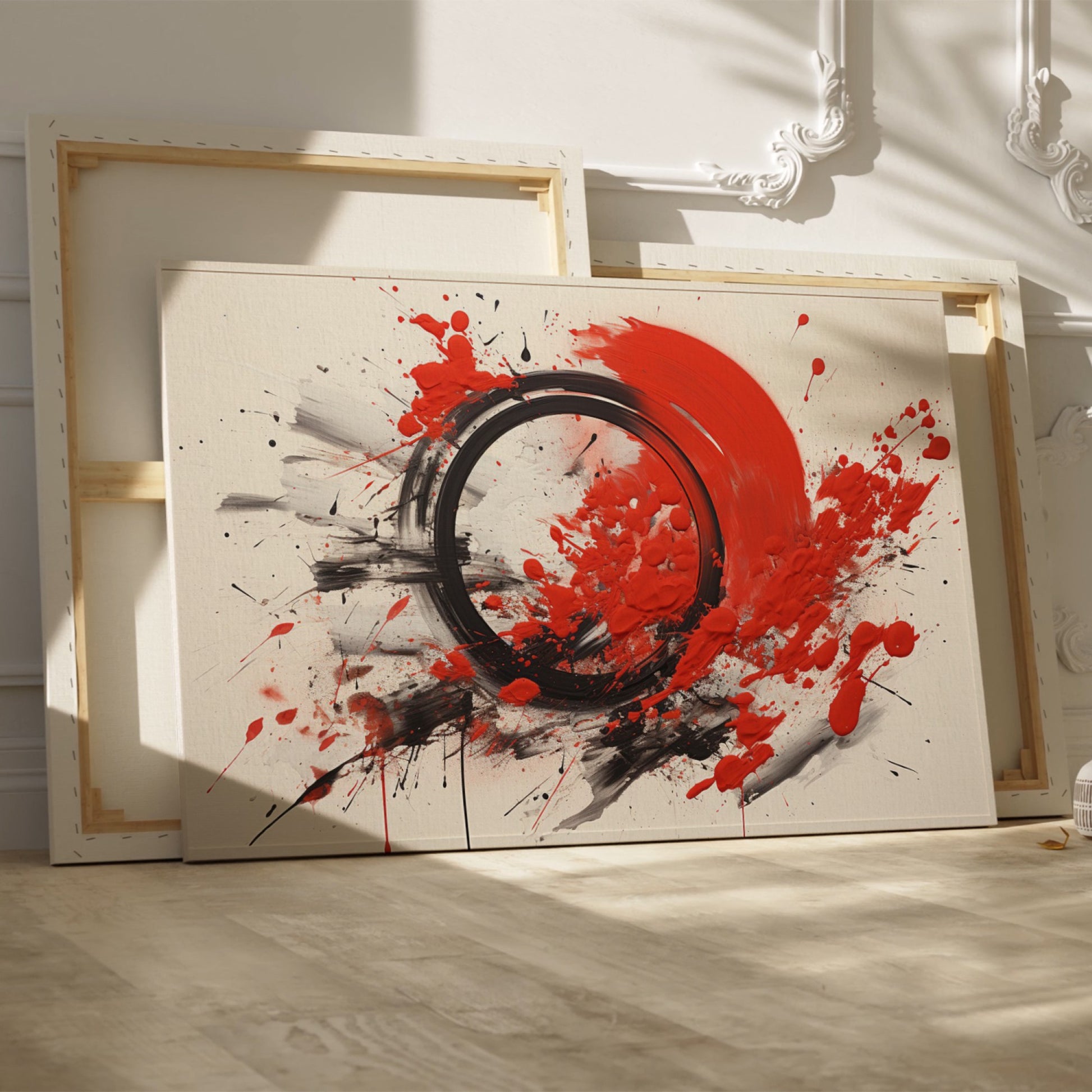 Framed canvas print of explosive red and black abstract art with dynamic splatters and bold strokes