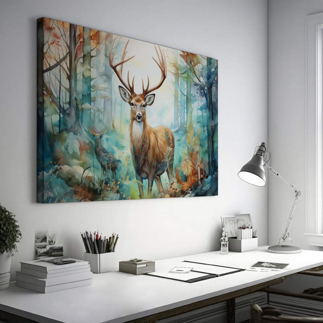 Framed canvas print of a majestic stag and a watercolor forest in autumn hues