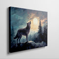 Framed canvas print of a wolf howling at sunset among forest trees