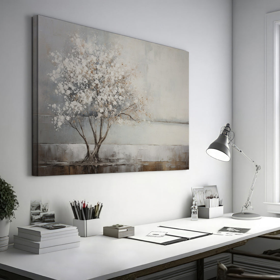 Textured painting of a tree with white flowers and its reflection on water, on a beige and brown background