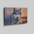 Framed canvas print of an impressionistic Siberian Husky with a vibrant sunset